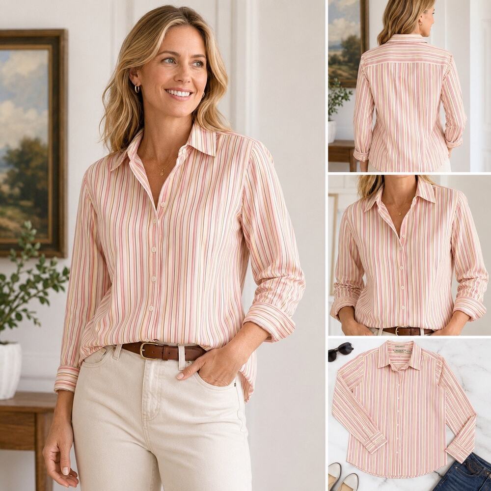 Eddie Bauer Pink Stripe Wrinkle Resistant Cotton Button Down Shirt Large